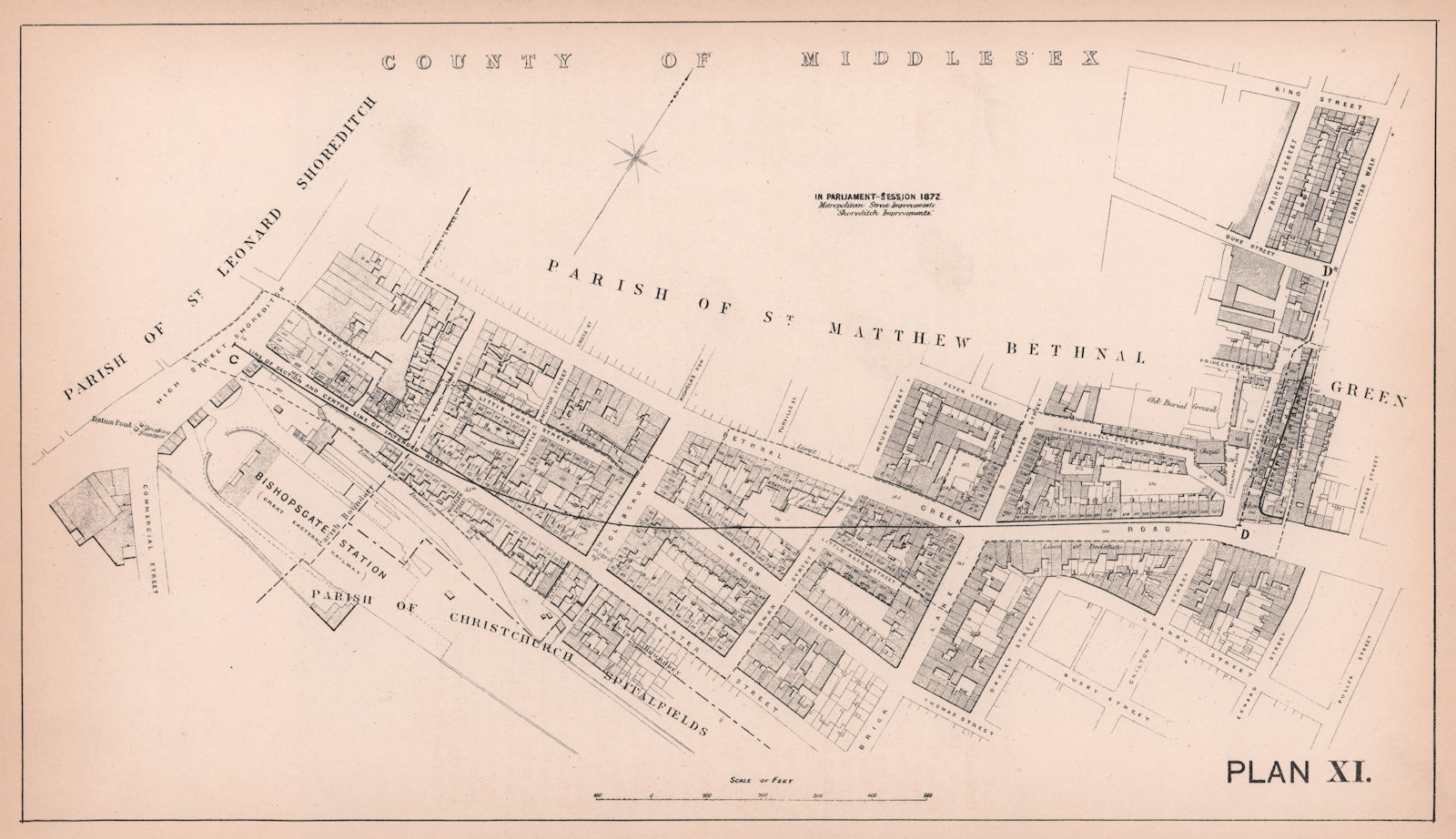 1872 Bethnal Green Road realignment. Shoreditch High Street. Brick Lane 1898 map