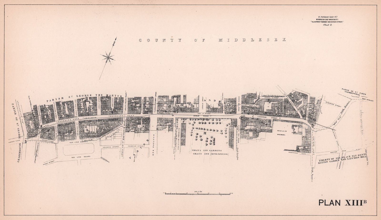 1872 Theobalds/Clerkenwell Road widening. Southampton Row-Hatton Garden 1898 map