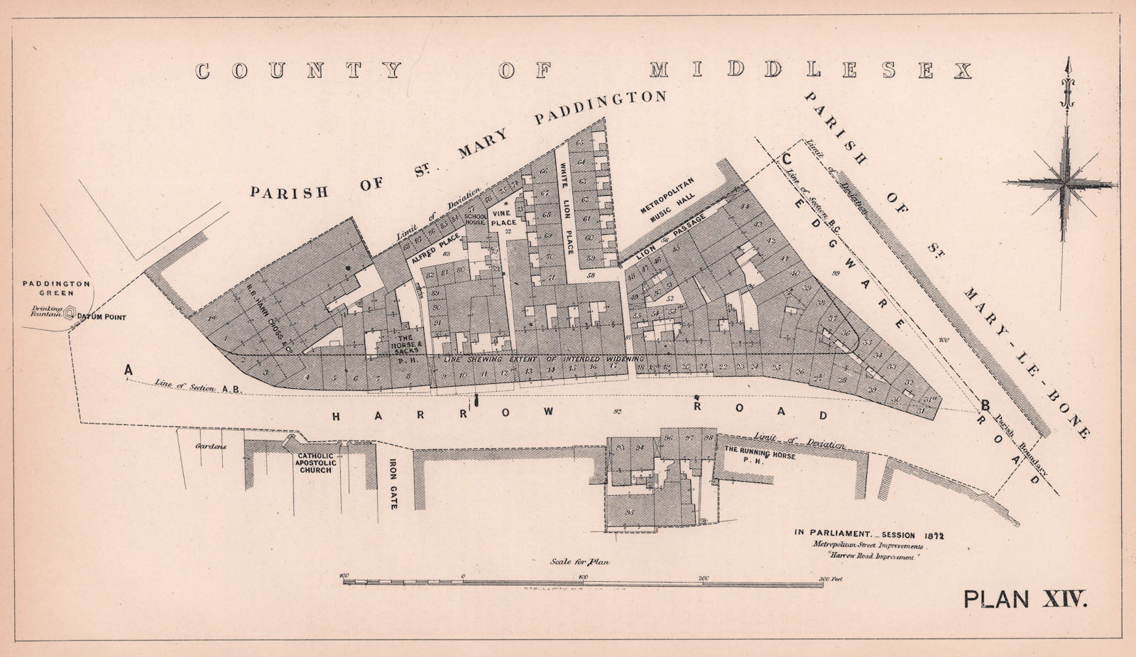 1872 Harrow Road widening plan. Paddington Edgware Road Bayswater 1898 old map