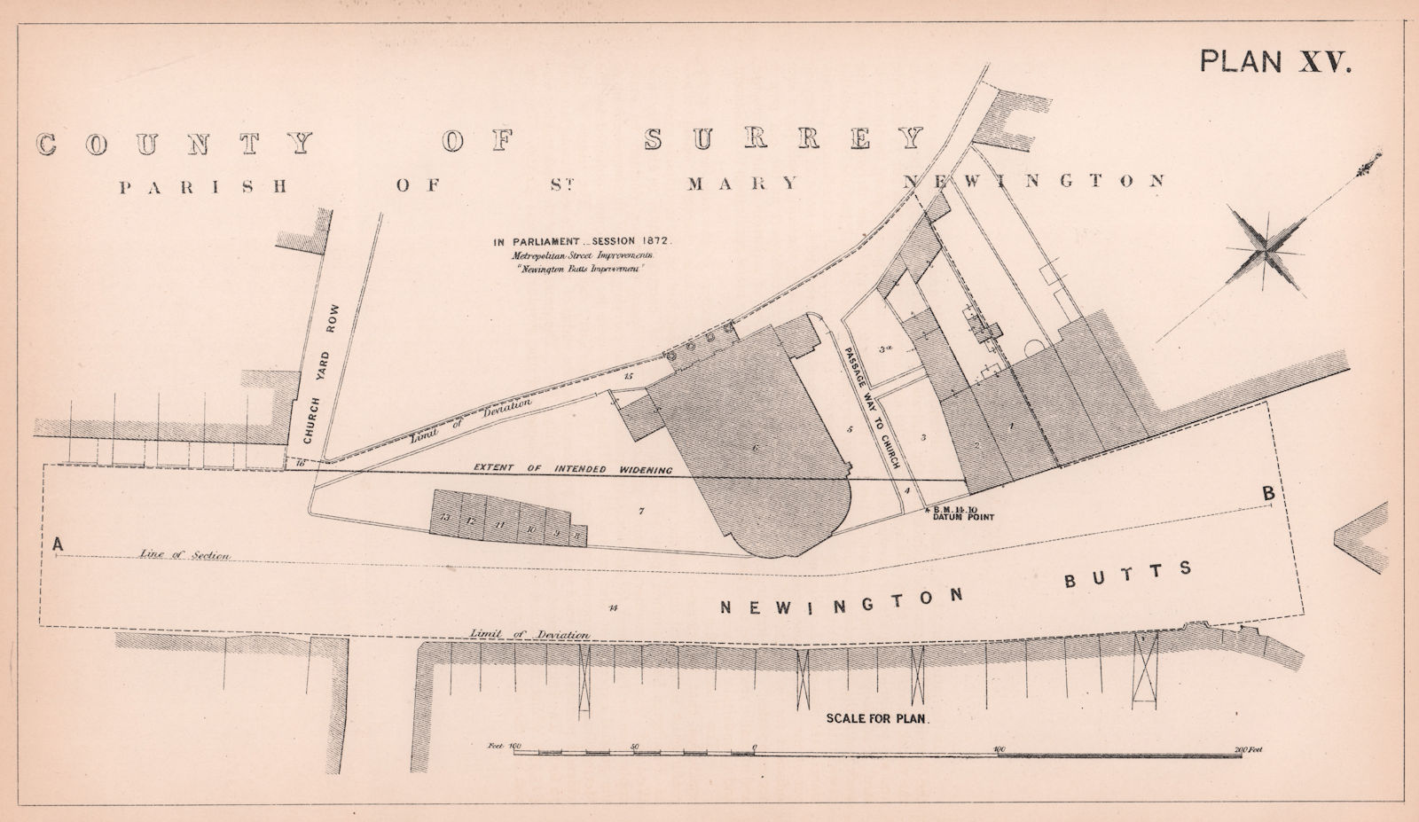 1872 Newington Butts widening. St Mary's churchyard. Elephant & Castle 1898 map