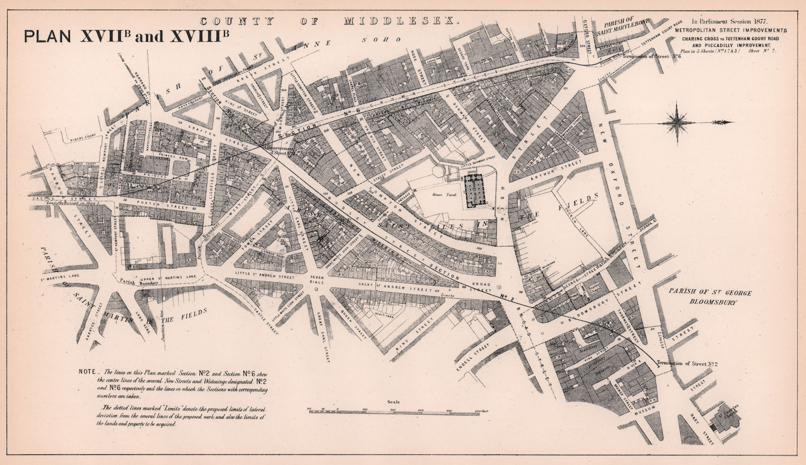 1877 Charing Cross Road & Shaftesbury Avenue development. Seven Dials 1898 map