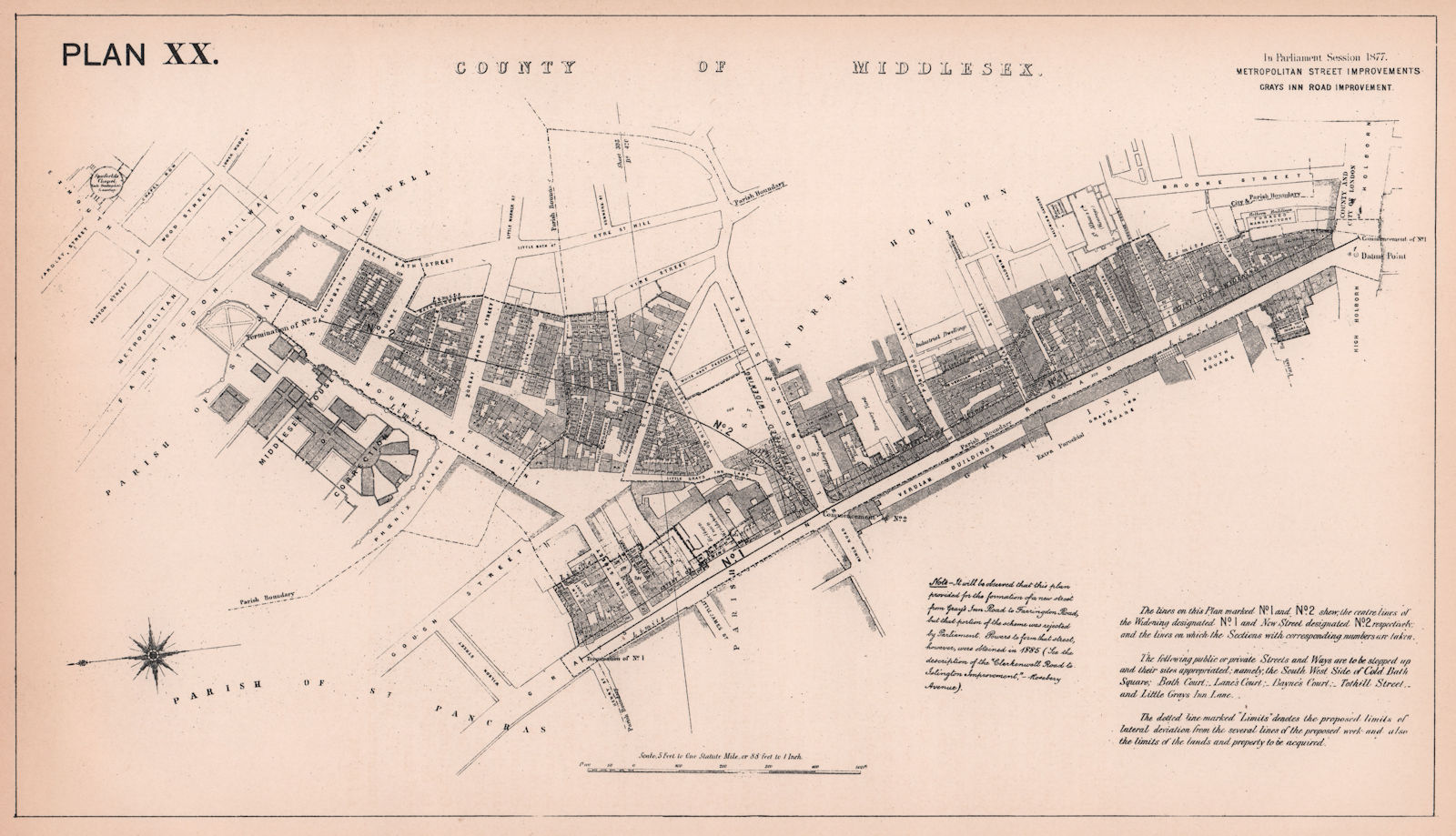 1877 Rosebery Avenue development. Grays Inn Road to Farringdon Road 1898 map