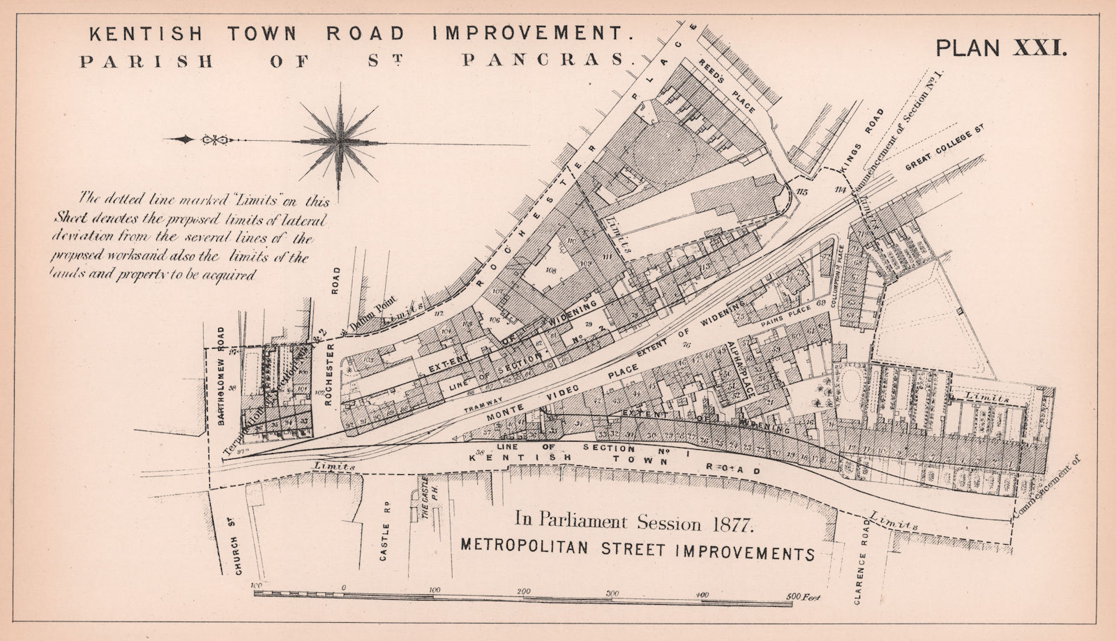 1877 Kentish Town Road widening. Royal College Street 1898 old antique map