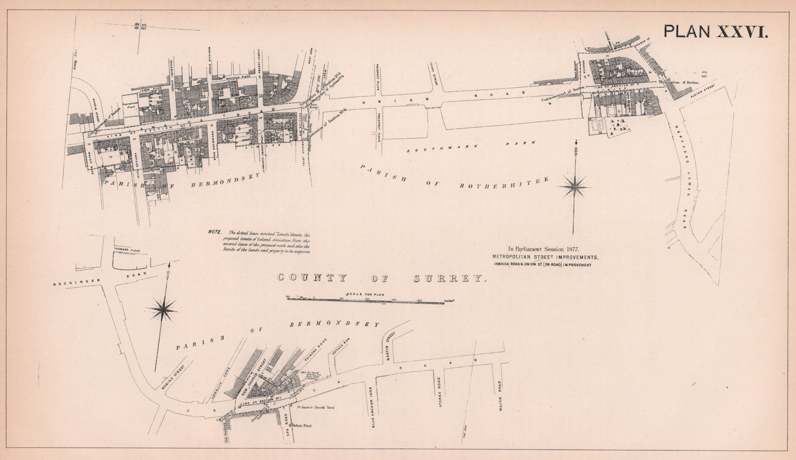 1877 Jamaica Road & Old Jamaica Road widening. Union St. Bermondsey 1898 map