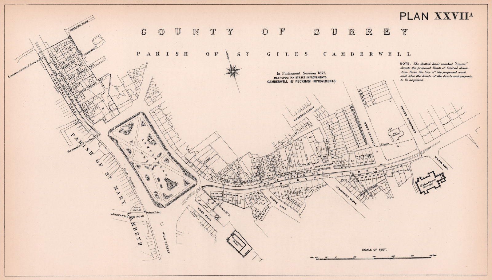 1877 Camberwell Road & Church Street widening. Green. Vicarage Road 1898 map