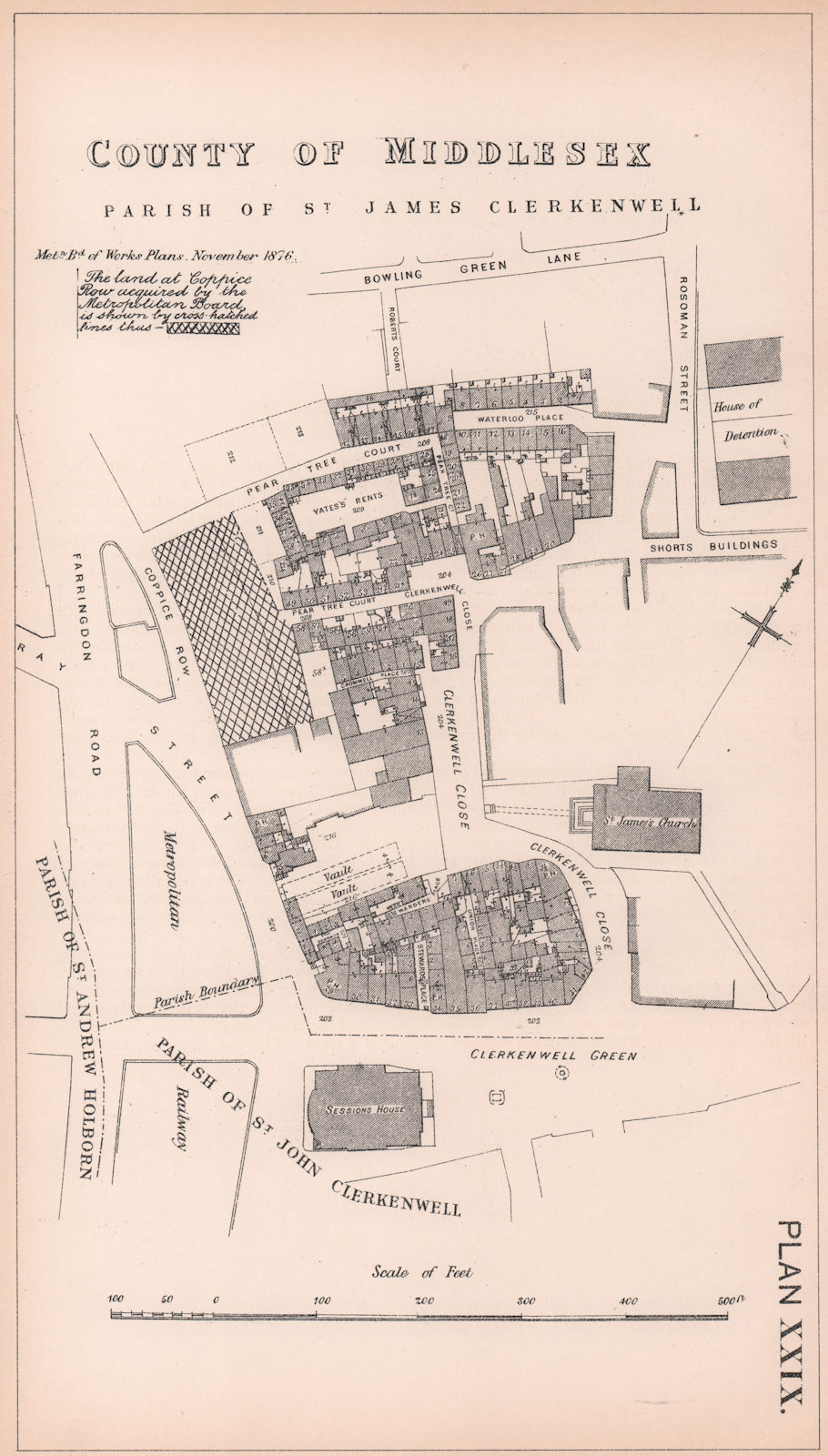 1877 Clerkenwell Green & Close. Sessions House. St James's Church 1898 old map