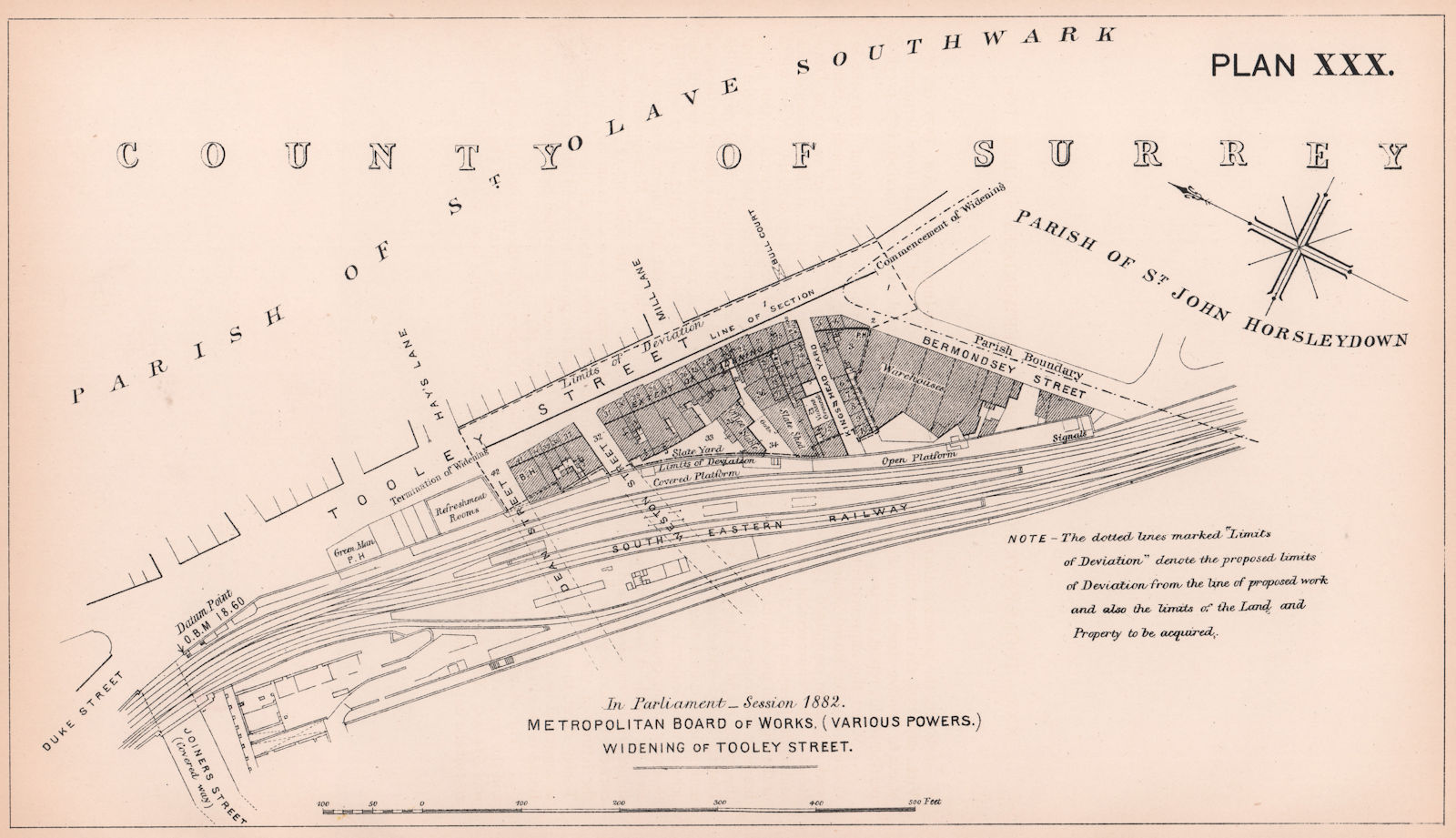 1882 Tooley Street widening. London Bridge to Bermondsey Street 1898 old map