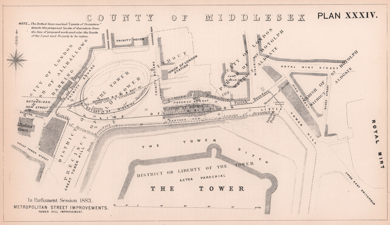 1883 Tower Hill widening. Byward Street & Circle line development 1898 old map