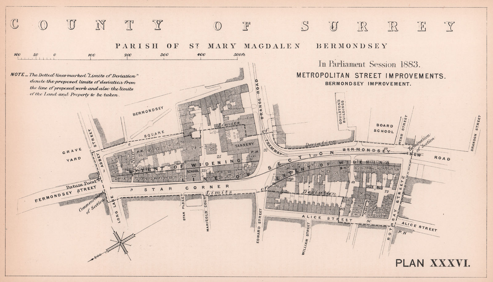 1883 Bermondsey Street. Tower Bridge Road widening. Abbey St-Rothsay St 1898 map