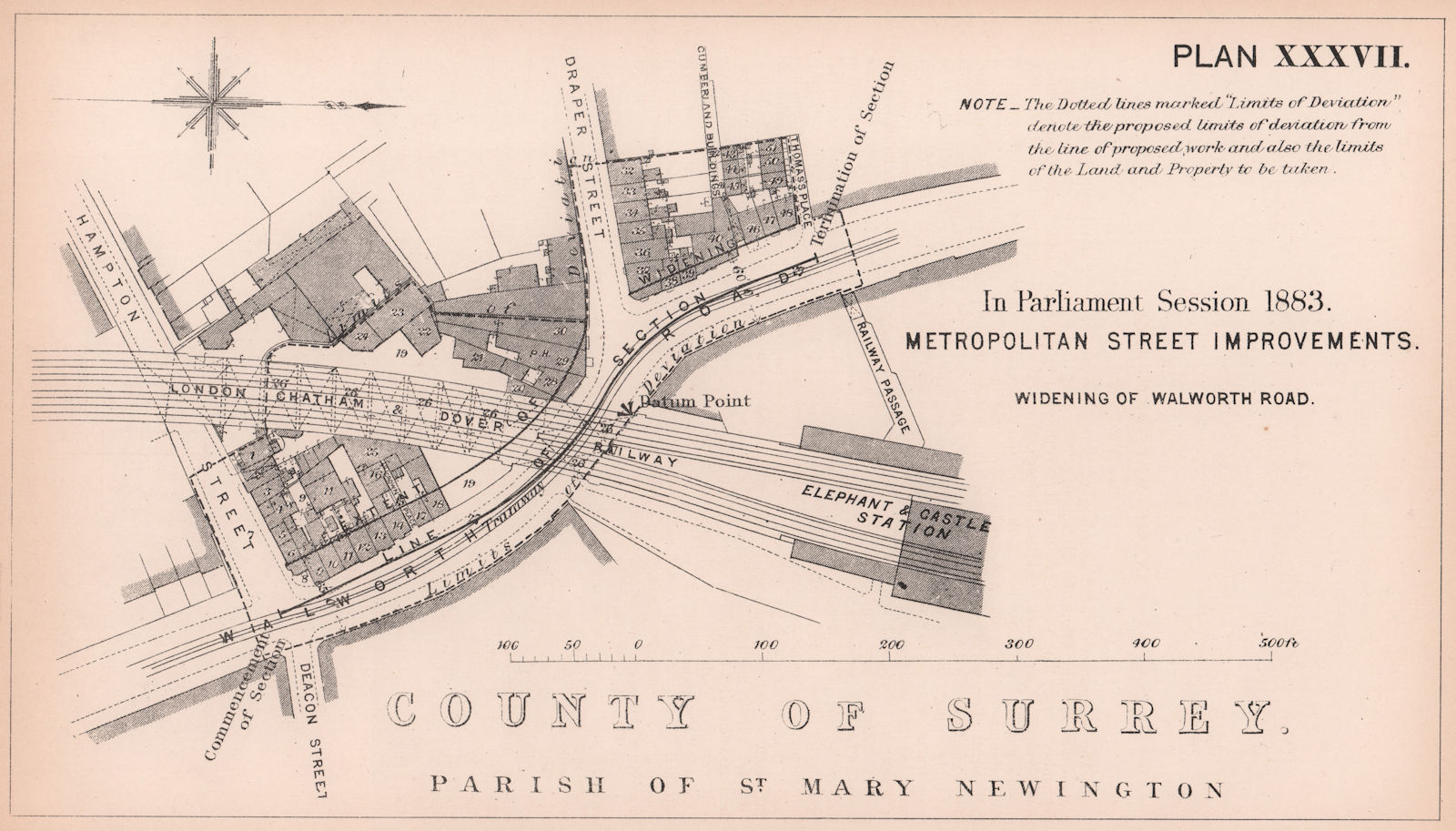 1883 Walworth Road/Newington Butts widening. Elephant & Castle station 1898 map