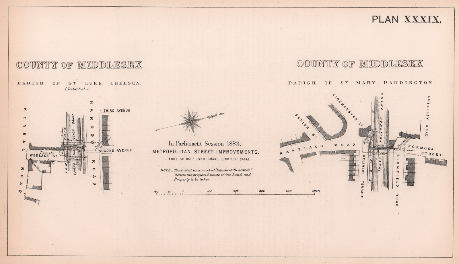 1883 Grand Junction/Union Canal footbridges. Maida Vale & Kensal Town 1898 map