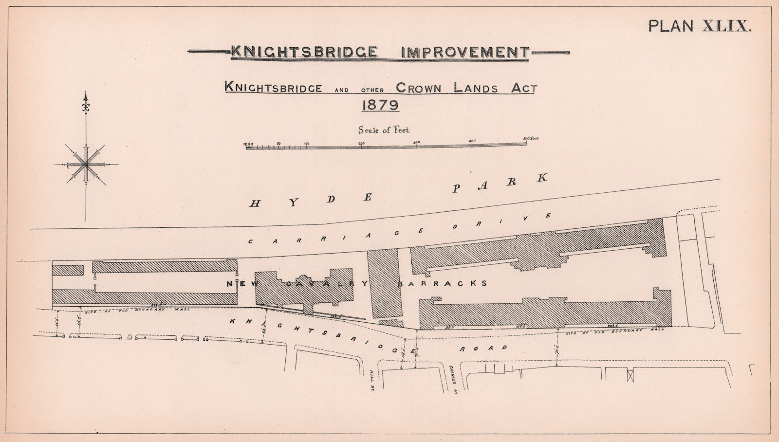 1879 Knightsbridge. New Household Cavalry Barracks. Carriage Drive 1898 map