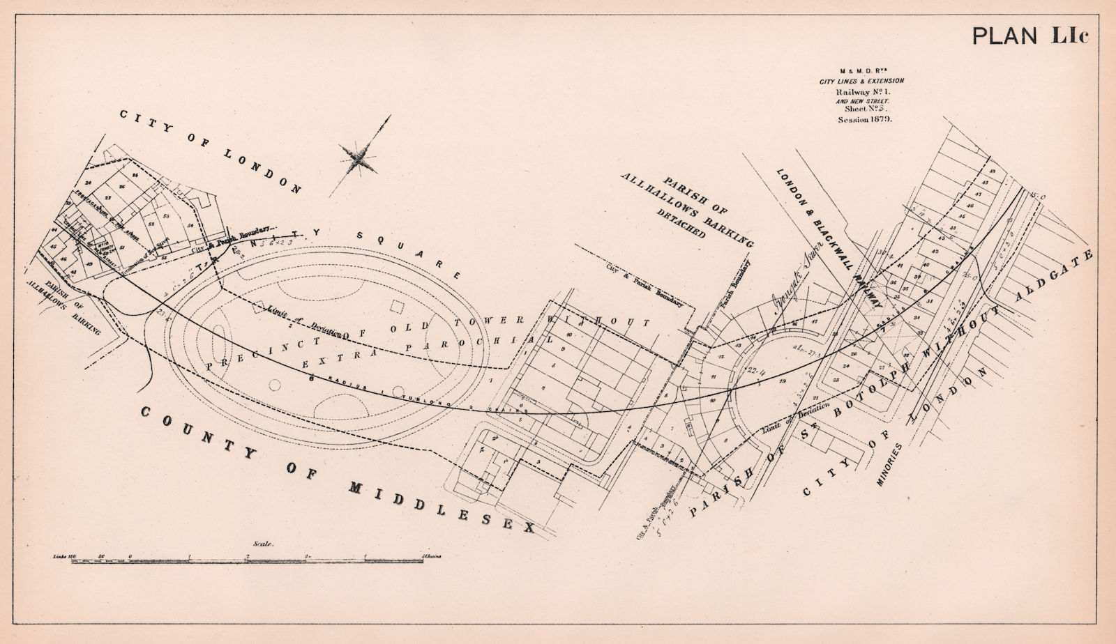 1879 Circle District tube plan. Trinity Square Garden Minories. London 1898 map