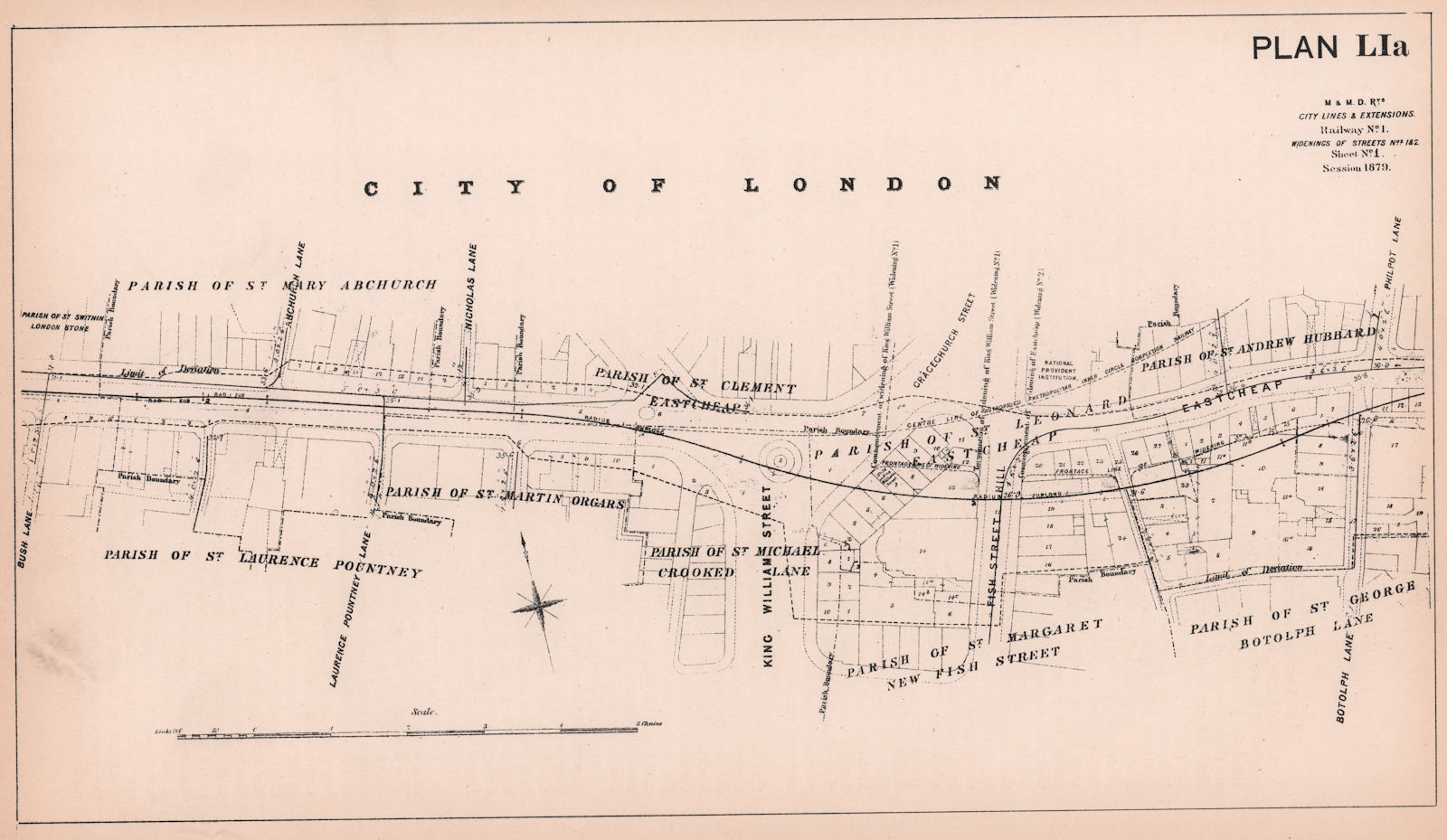 1879 Circle Line. City of London. Cannon Street & Eastcheap widening 1898 map