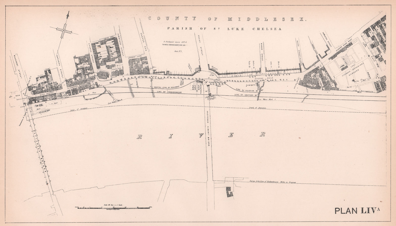 Associate Product 1867-8 Chelsea Embankment plan. Battersea Bridge - Physic Garden 1898 old map