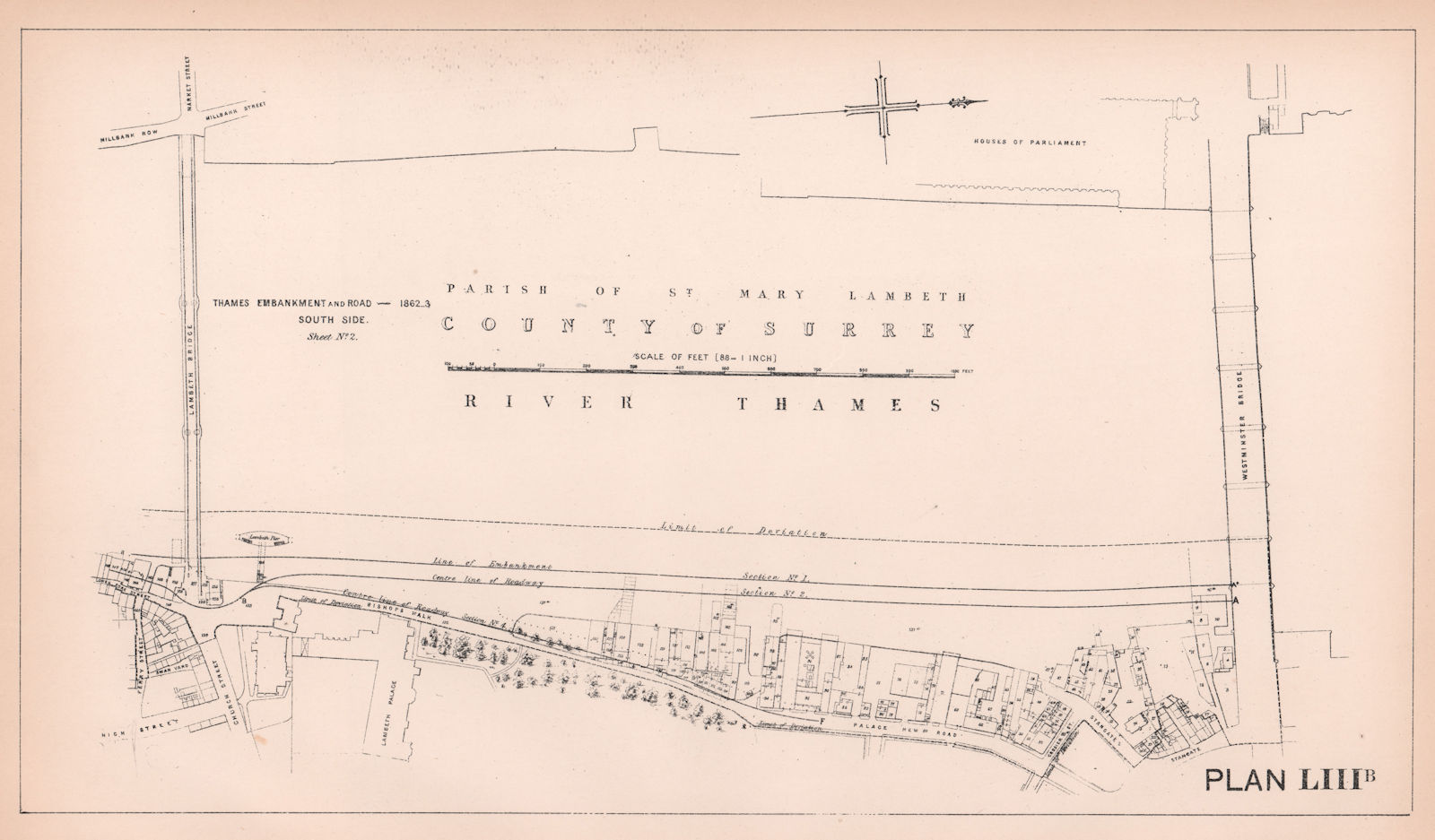 Associate Product 1862-3 Albert Embankment. Lambeth Bridge - Westminster Bridge. Lambeth 1898 map