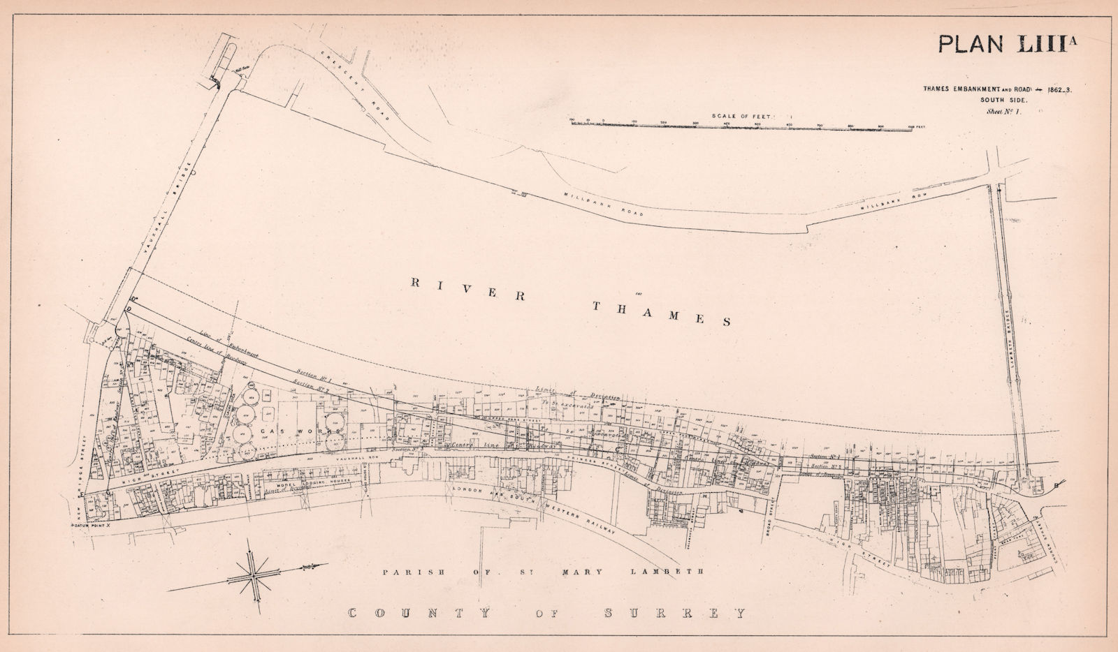 Associate Product 1862-3 Albert Embankment plan. Vauxhall Bridge - Lambeth Bridge  1898 old map