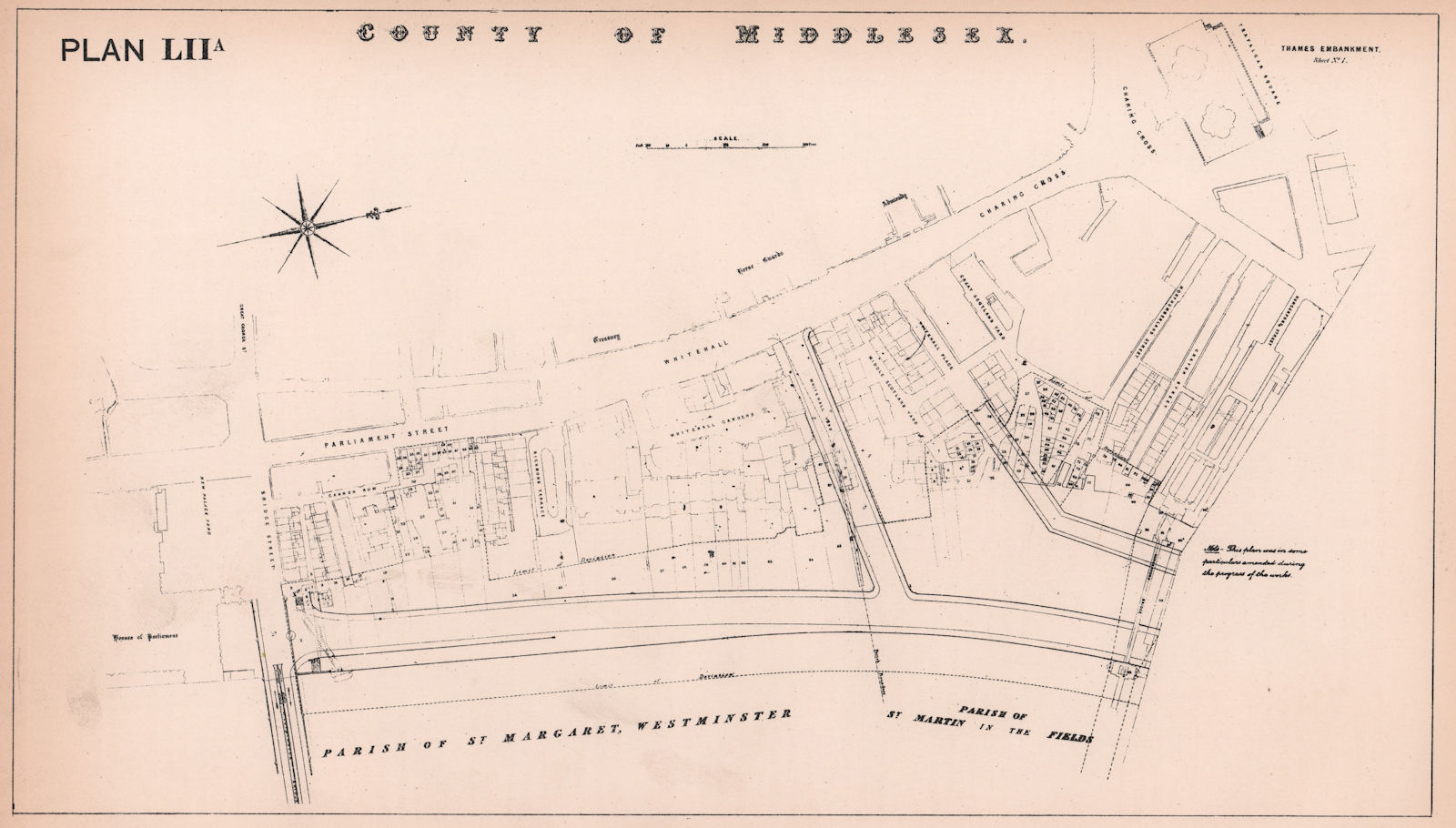 1869 Victoria Embankment plan. Westminster. Whitehall. Parliament 1898 old map