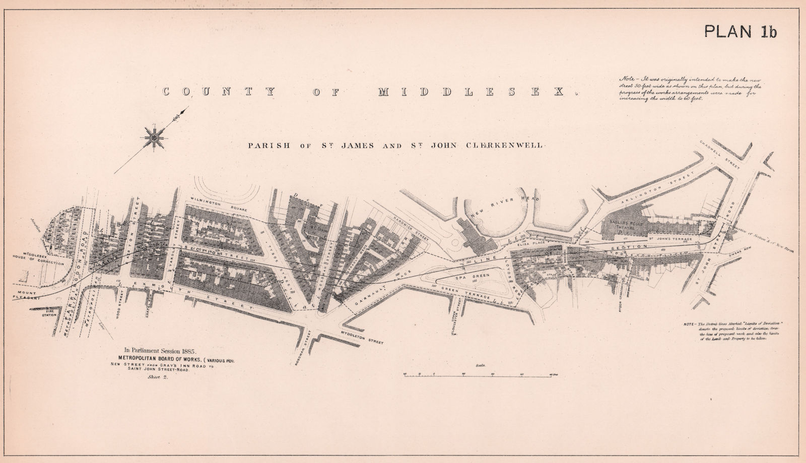1885 Rosebery Avenue development. Farringdon Road to St. John Street 1898 map