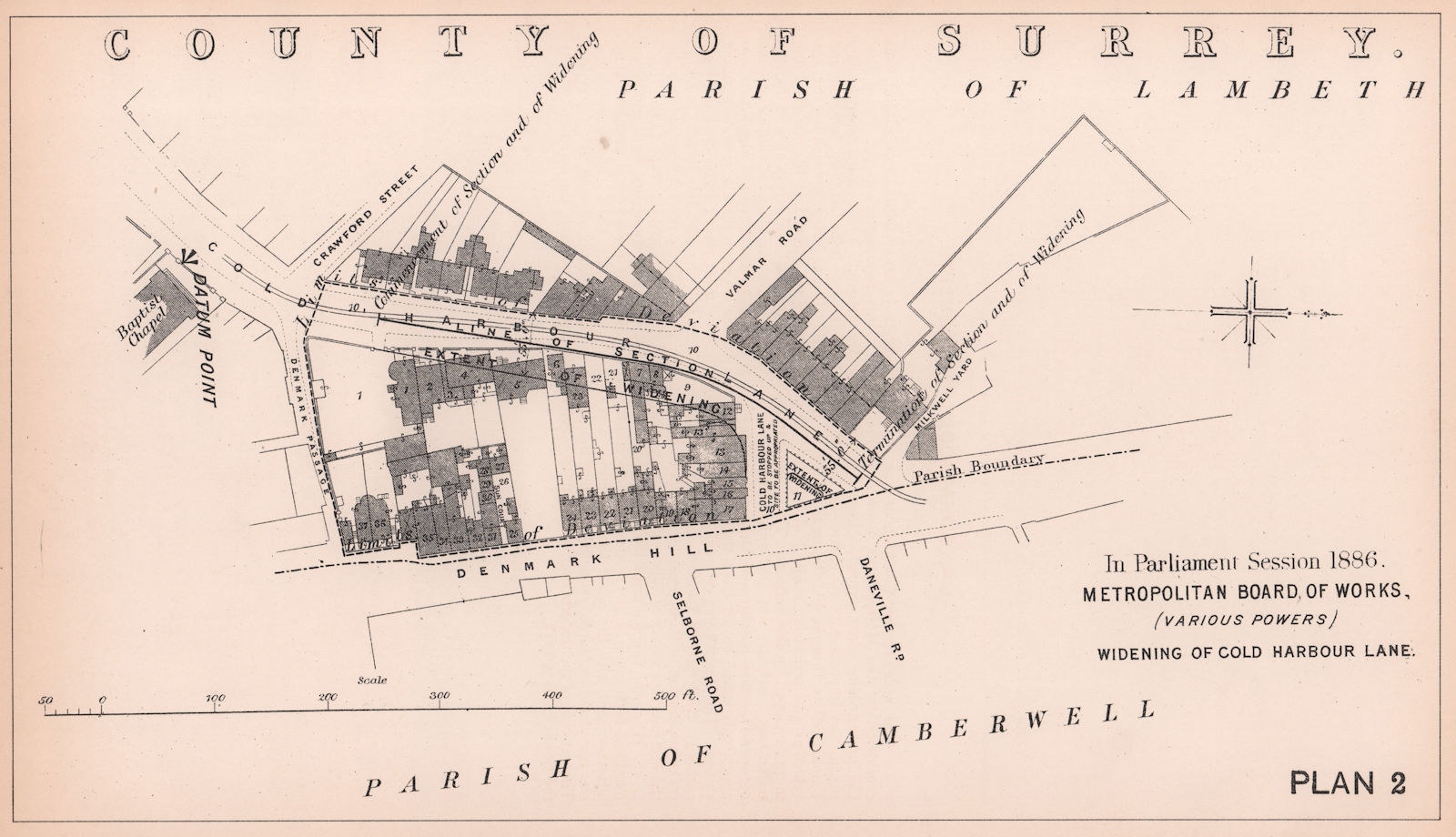 1886 Widening of Cold Harbour Lane junction at Denmark Hill. London 1898 map