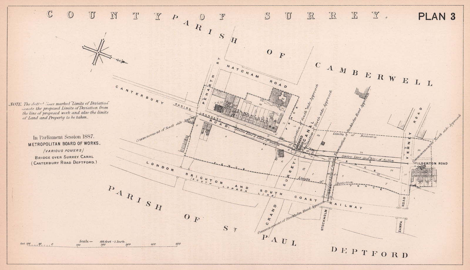 1887 Ilderton Road Bridge over Surrey Canal. Penarth Road. Bermondsey 1898 map