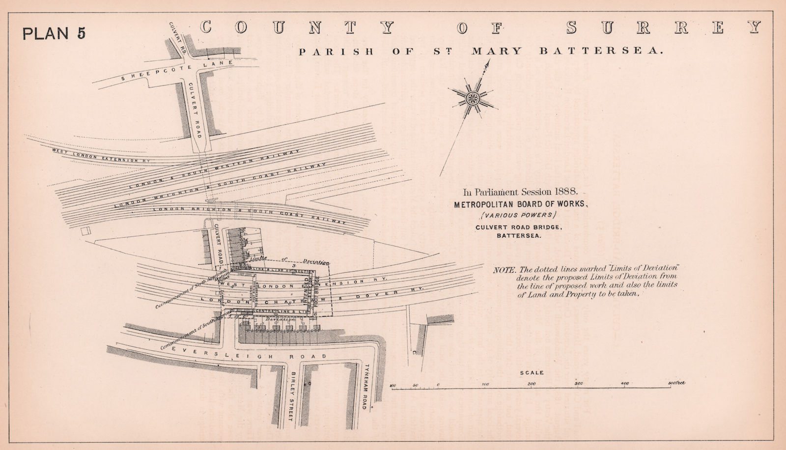1888 Proposed Culvert Road Bridge, Battersea. Eversleigh Road 1898 old map