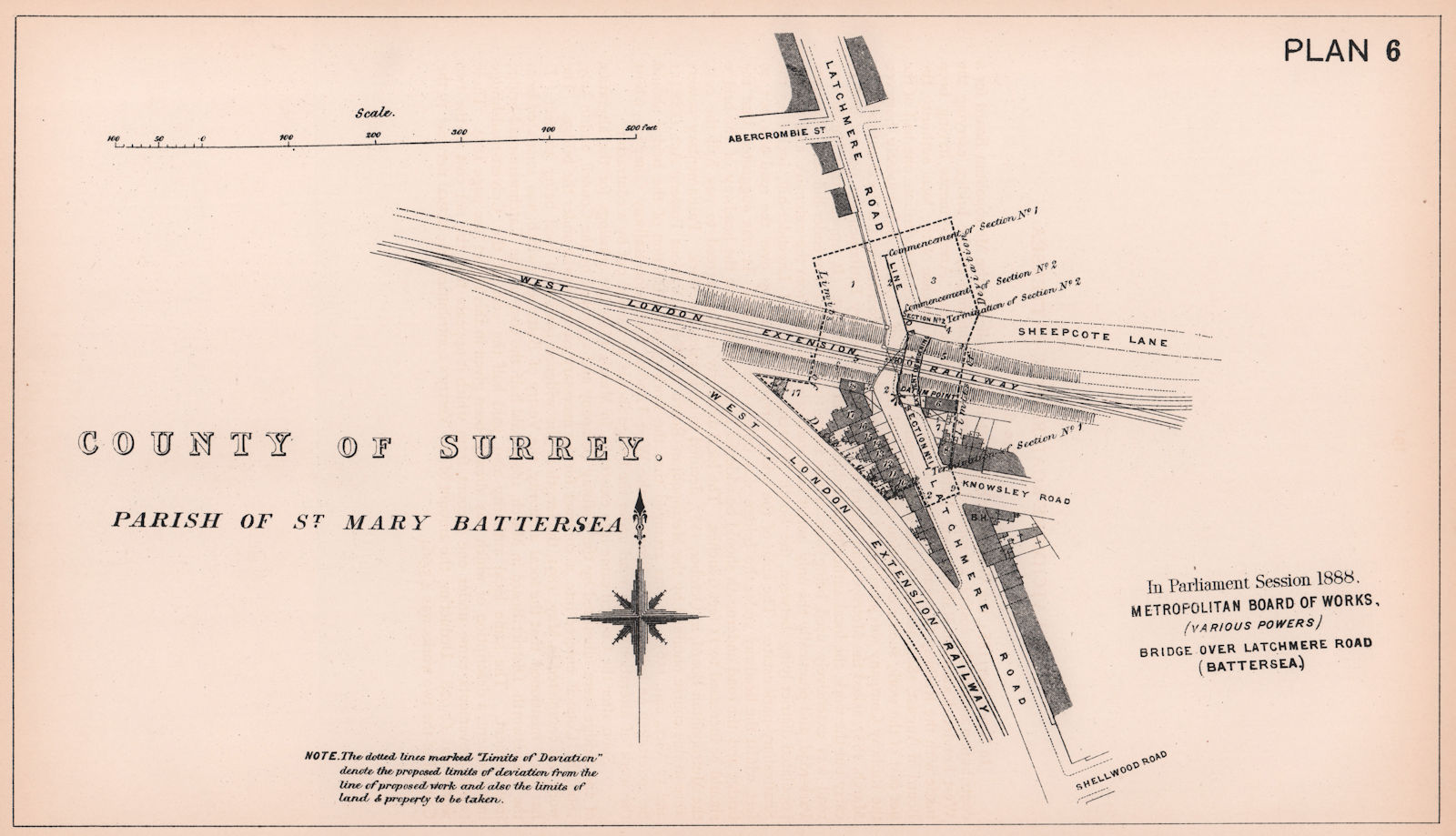 1888 Latchmere Road (Battersea) railway bridge plan. Abercrombie St. 1898 map