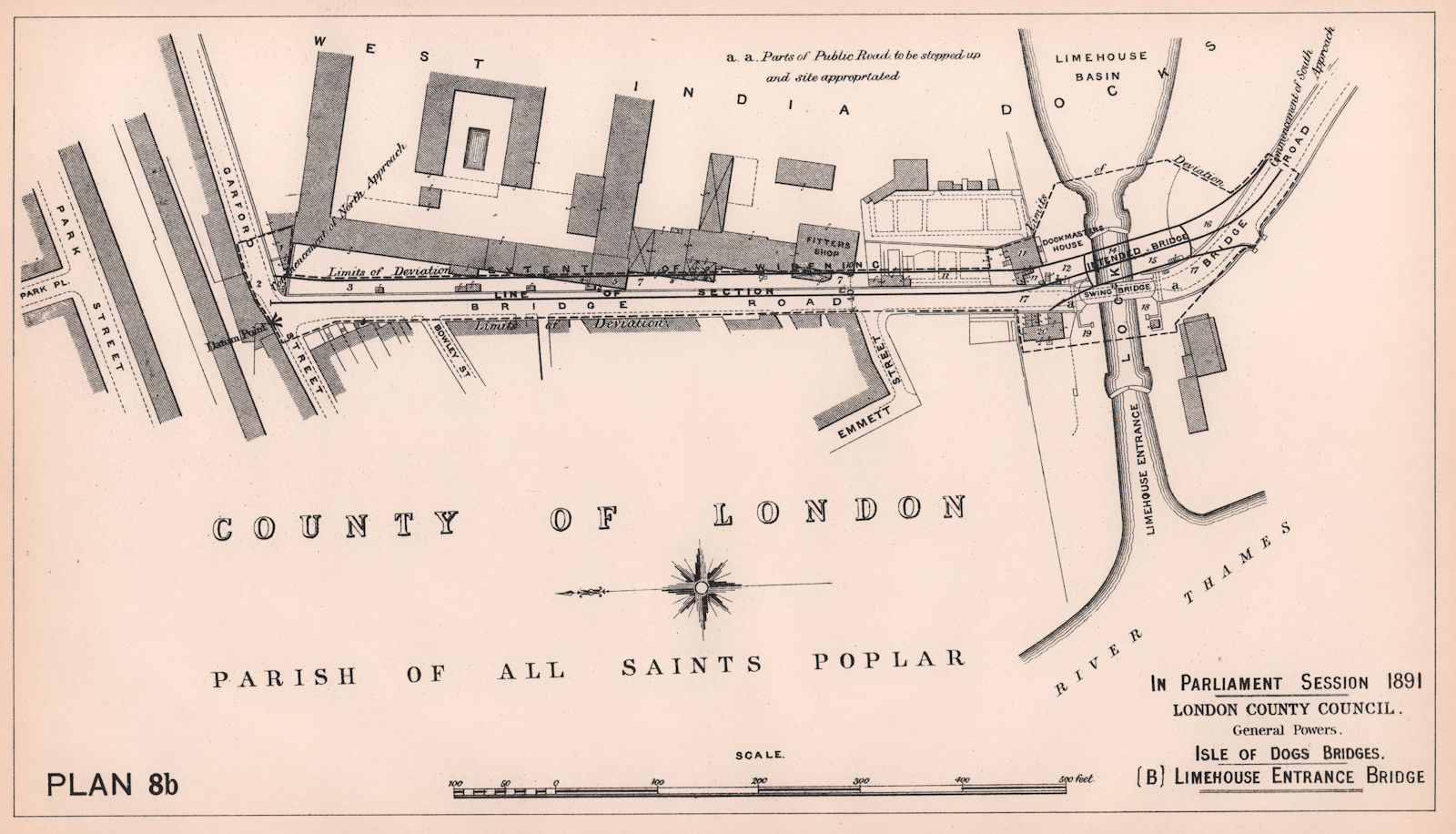 1891 Isle of Dogs bridge. Now Westferry Circus & Road. Canary Wharf 1898 map