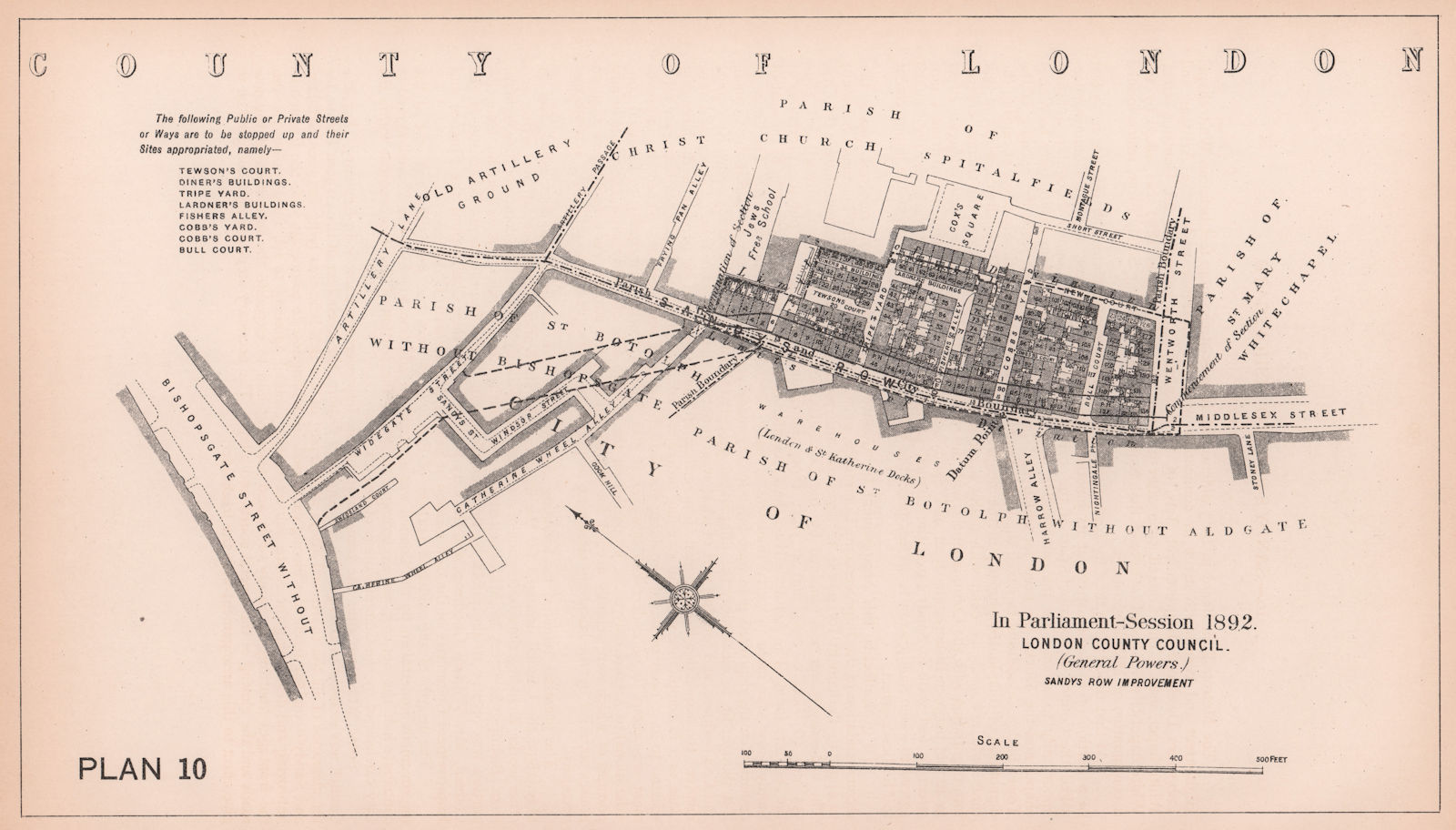 1892 Sandys Row development. Middlesex Street Spitalfields. Bishopsgate 1898 map