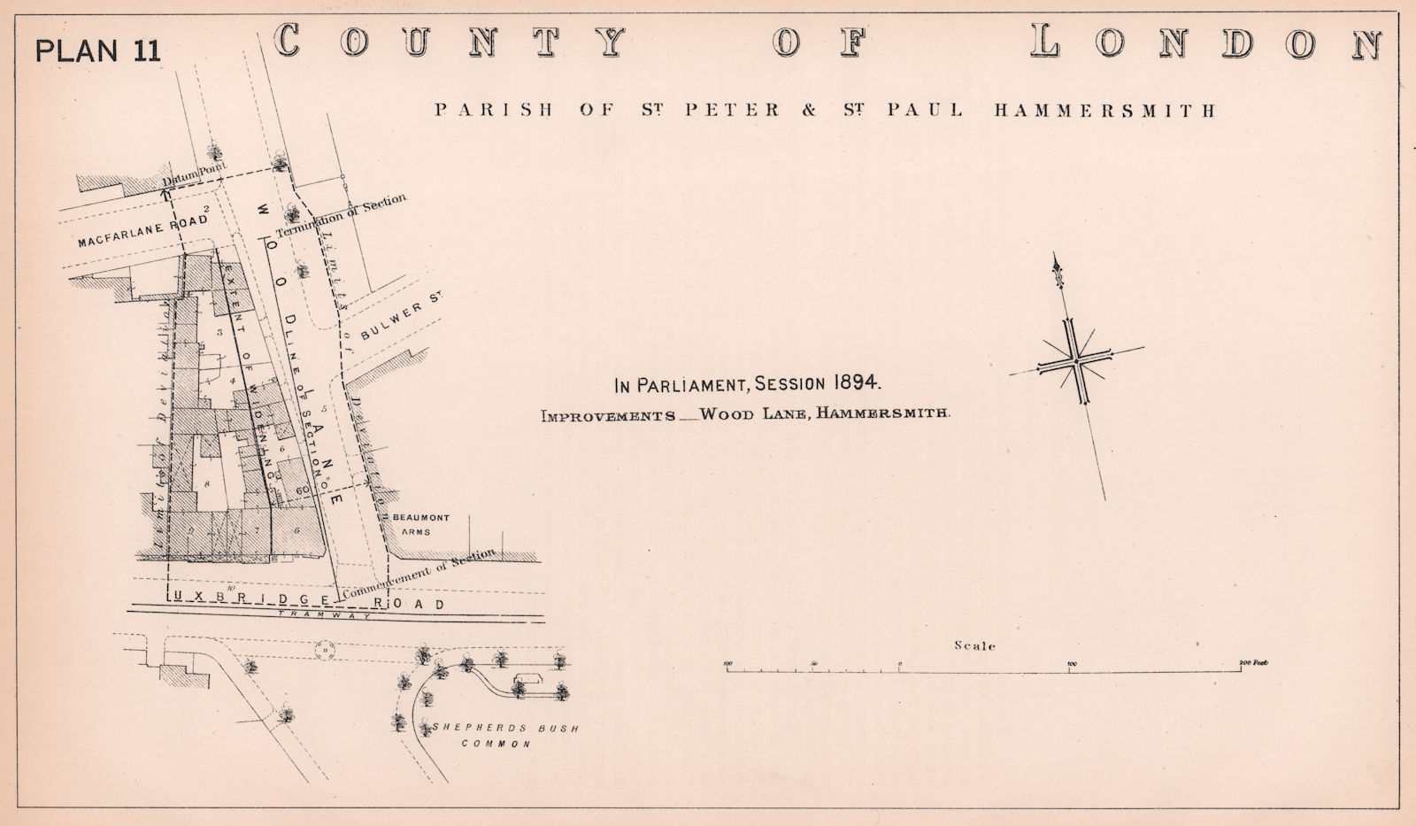 1894 Wood Lane widening at Uxbridge Road. Shepherds Bush Green 1898 old map