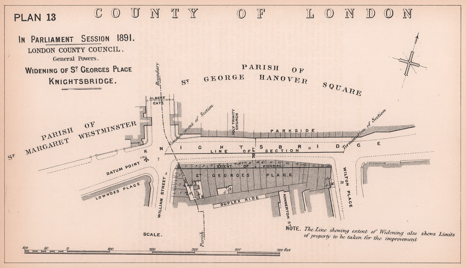1891 Knightsbridge widening. Albert Gate. Wilton Place. French Embassy 1898 map