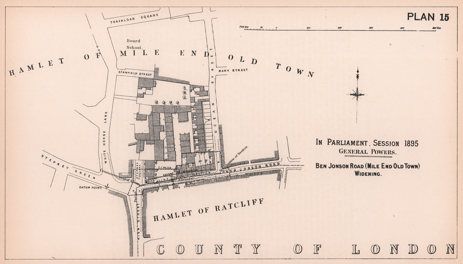 1895 Ben Jonson Road widening at Stepney Green/High Street. Mile End 1898 map