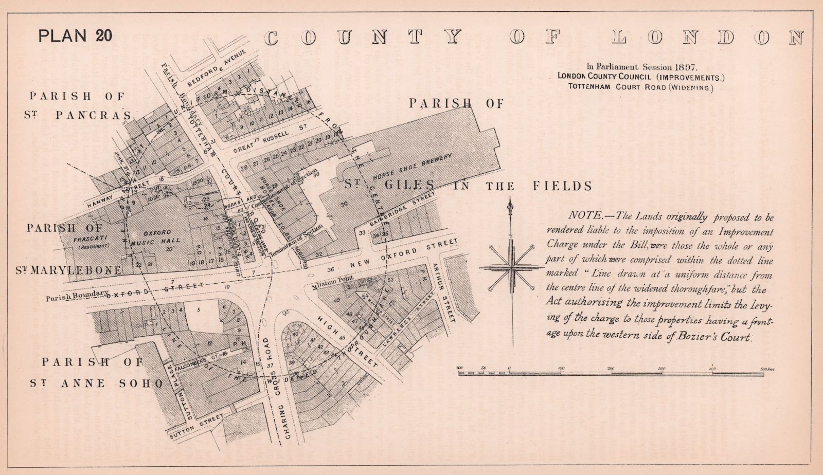 1897 Tottenham Court Road widening. Charing Cross Road. Oxford Street 1898 map