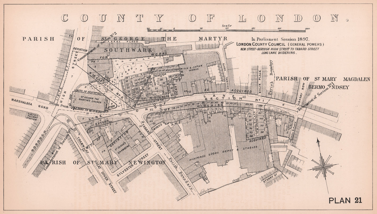 1897 Borough High Street. Long Lane widening. Tabard Street extension 1898 map
