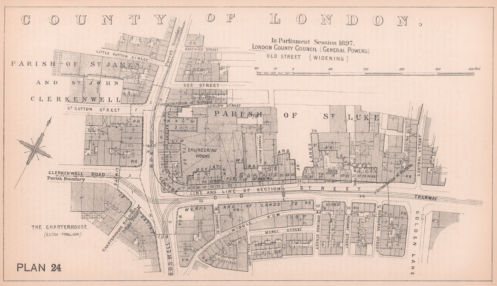 1897 Old Street widening. Clerkenwell Road & Goswell Road junction 1898 map