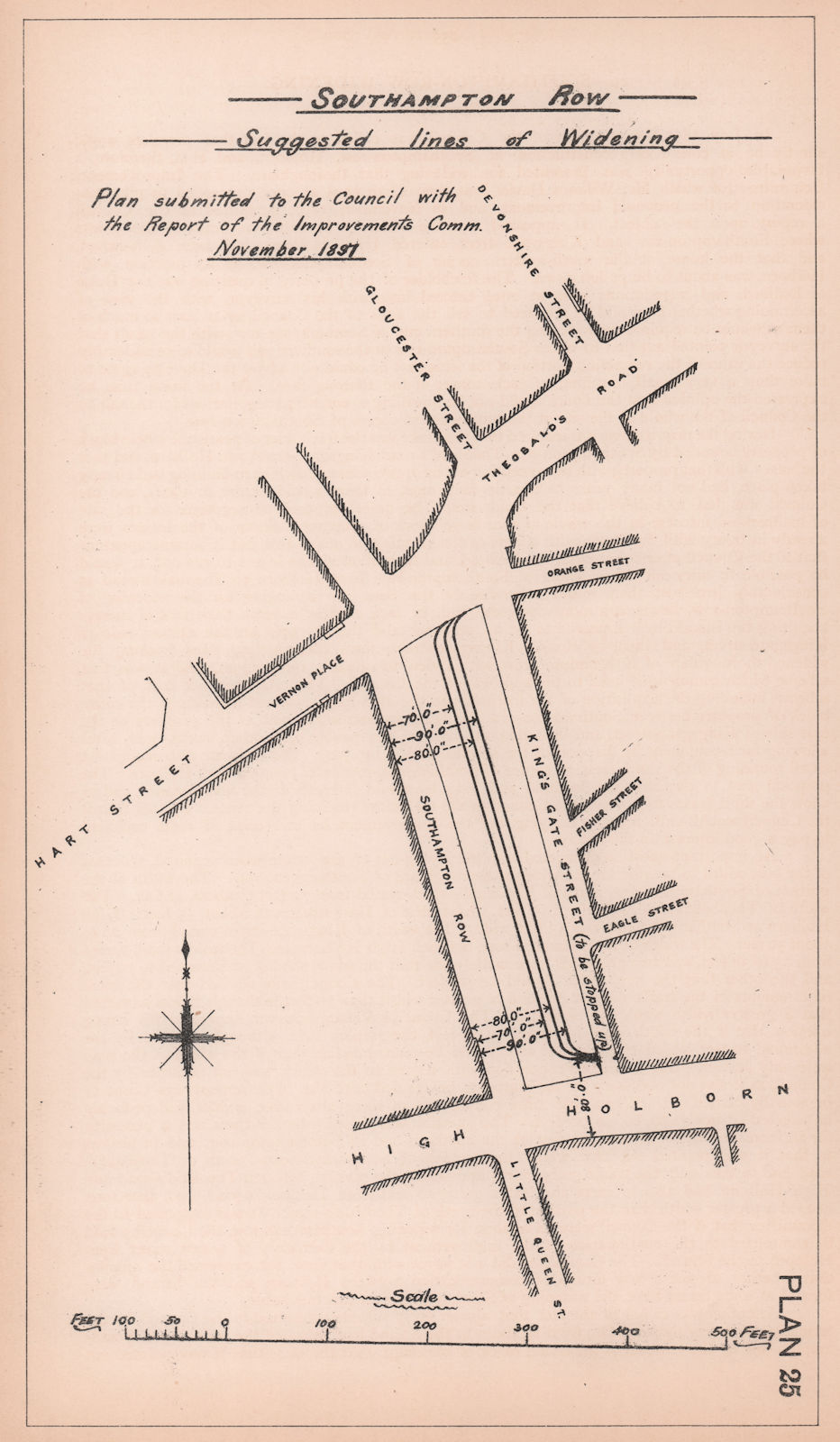 1897 Southampton Row proposed widening. Bloomsbury Way - High Holborn 1898 map
