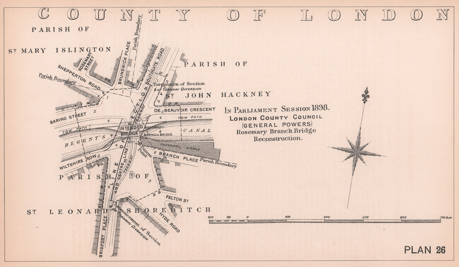 Associate Product 1898 Rosemary Branch Bridge reconstruction. Regents Canal. Haggerston 1898 map