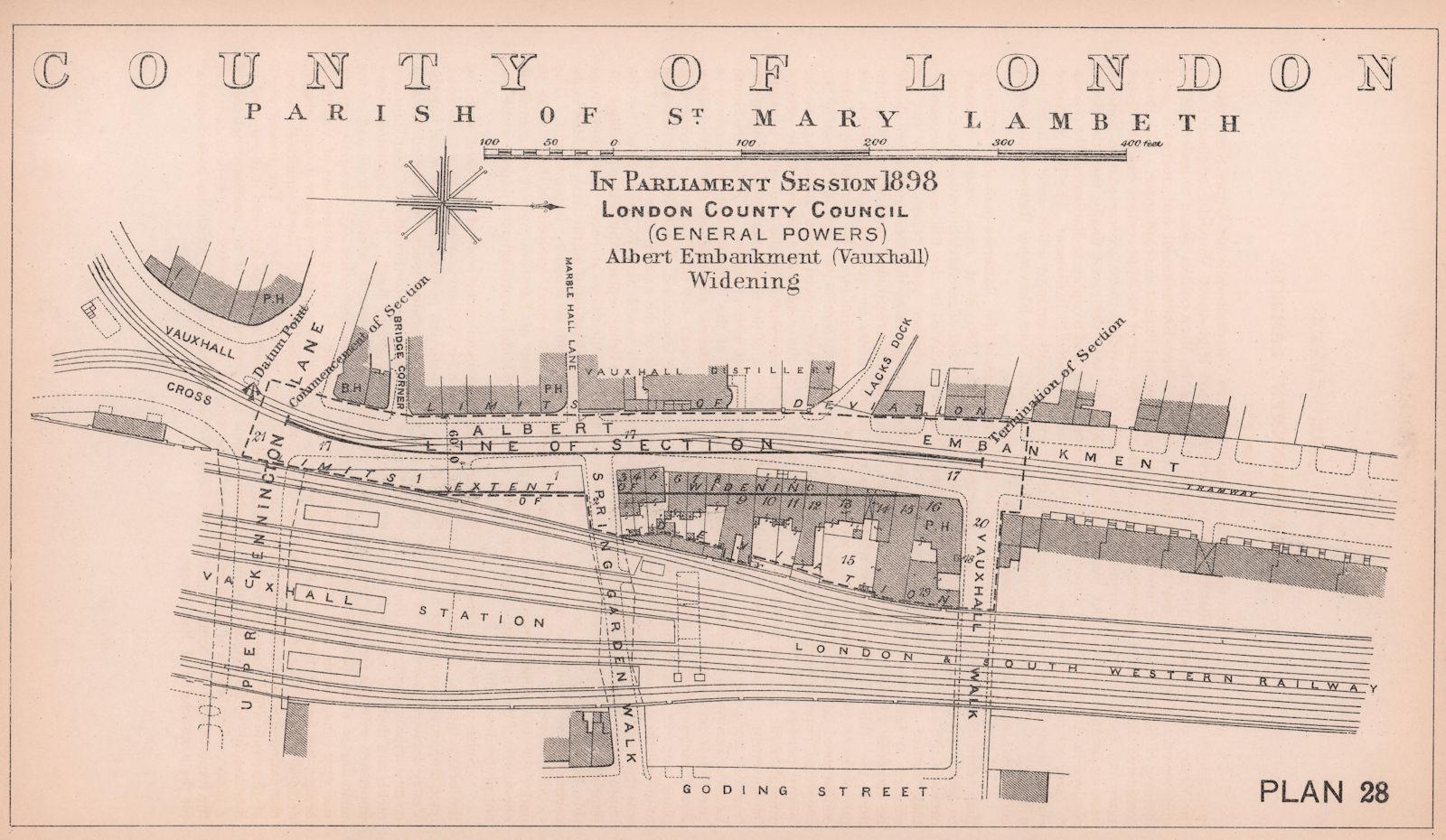 1898 Albert Embankment widening at Vauxhall Cross/Station/Bridge 1898 old map