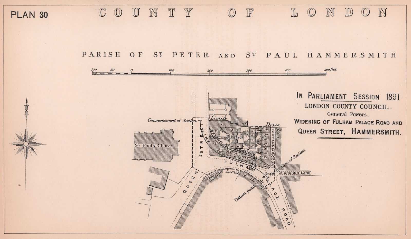 1891 Fulham Palace Road widening. Queen Caroline Street, Hammersmith 1898 map