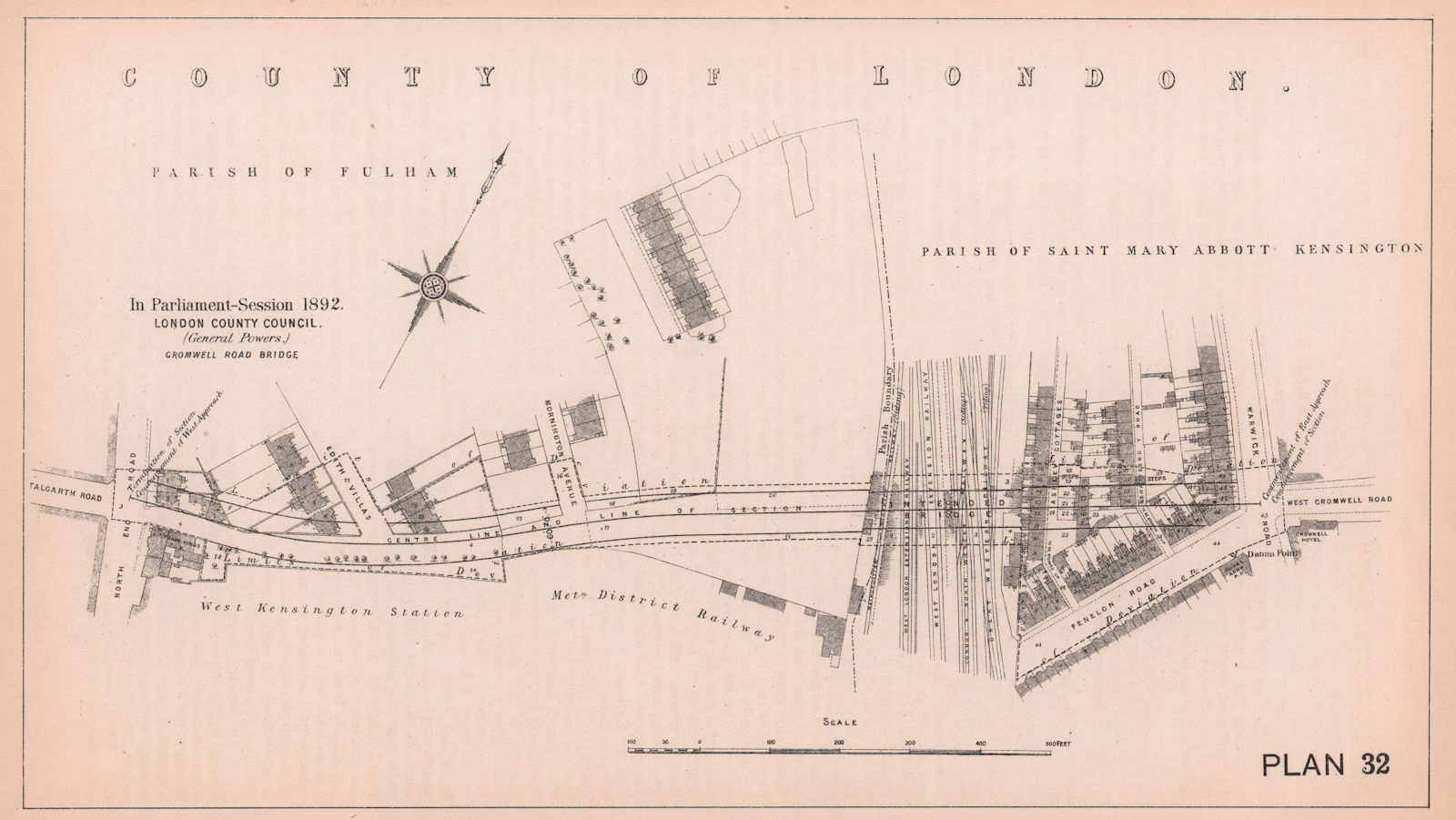 1892 West Cromwell Road Bridge development. West Kensington Talgarth Rd 1898 map