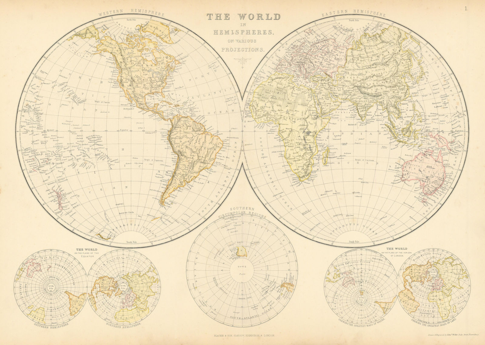 WORLD IN HEMISPHERES. Equatorial Antarctic London planes. BLACKIE 1886 old map