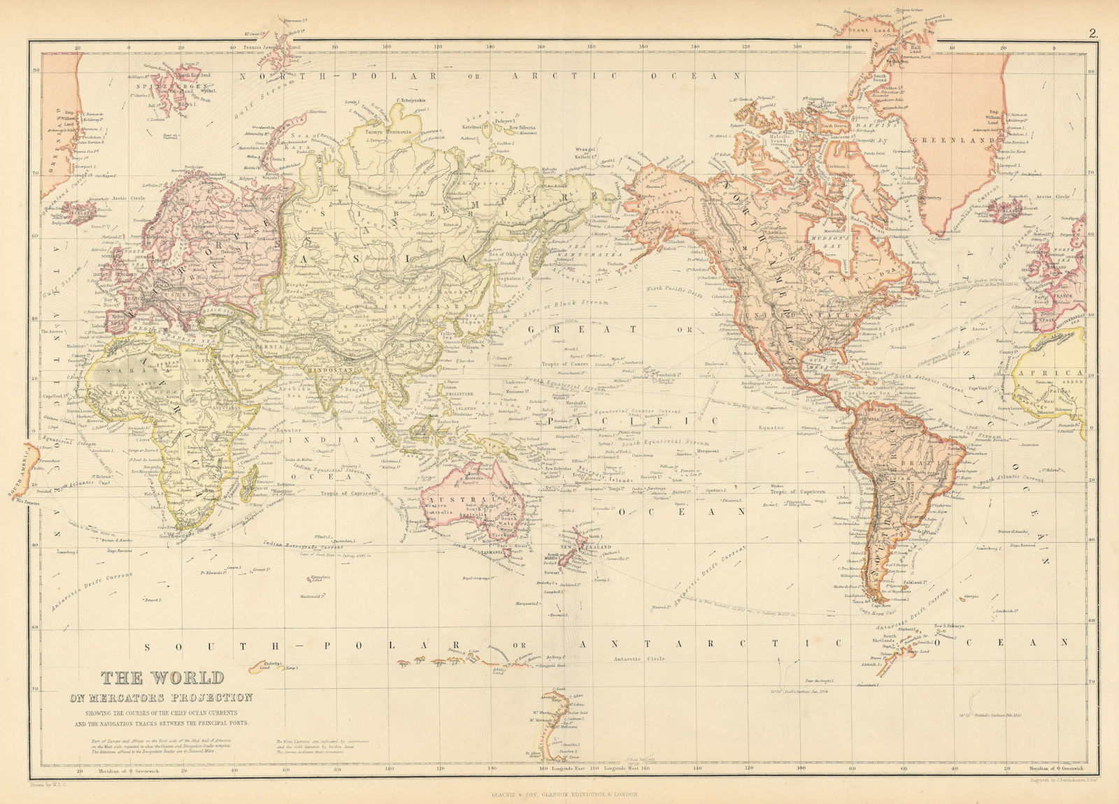 WORLD. Mercator's projection. Ocean currents & shipping routes. BLACKIE 1886 map