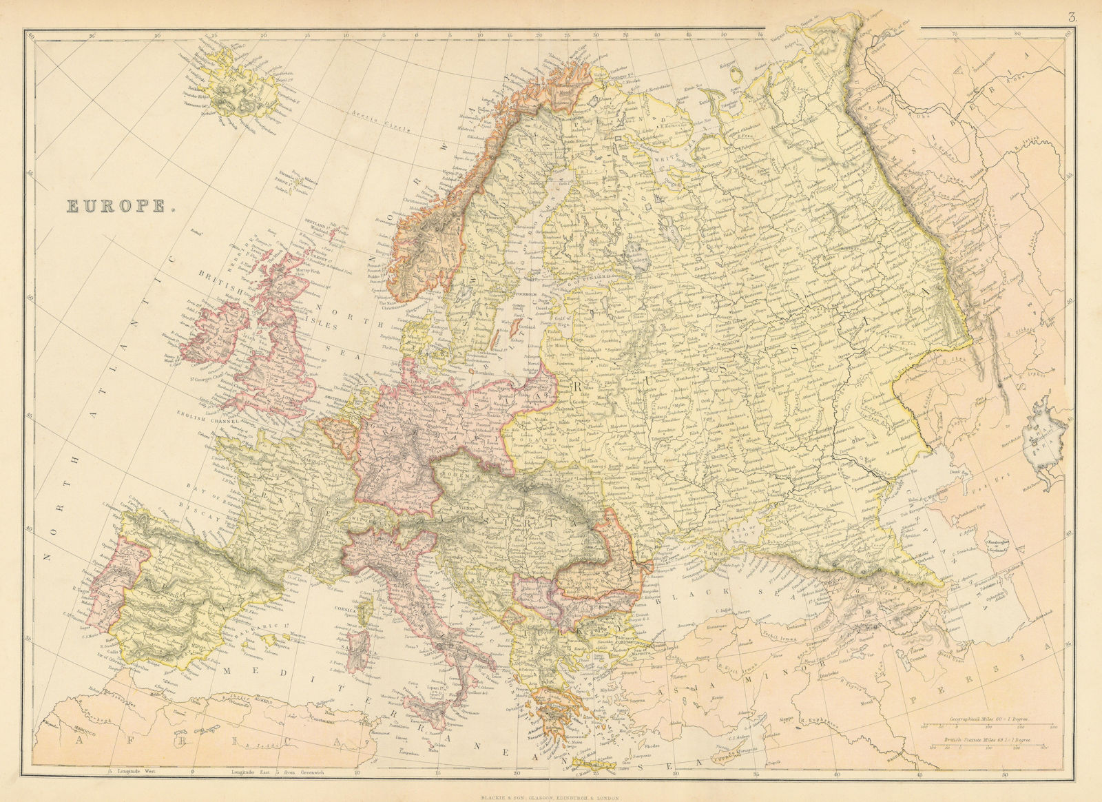 EUROPE POLITICAL. Russia excludes Georgia. BLACKIE 1886 old antique map chart
