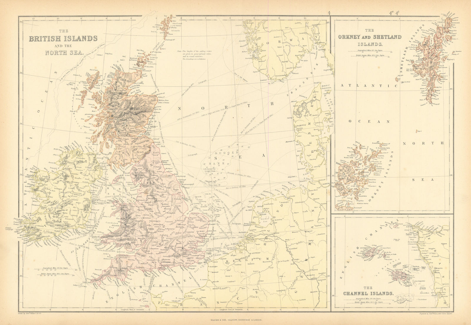 BRITISH ISLES & NORTH SEA. Dogger bank. Ocean depths. Shipping routes 1886 map