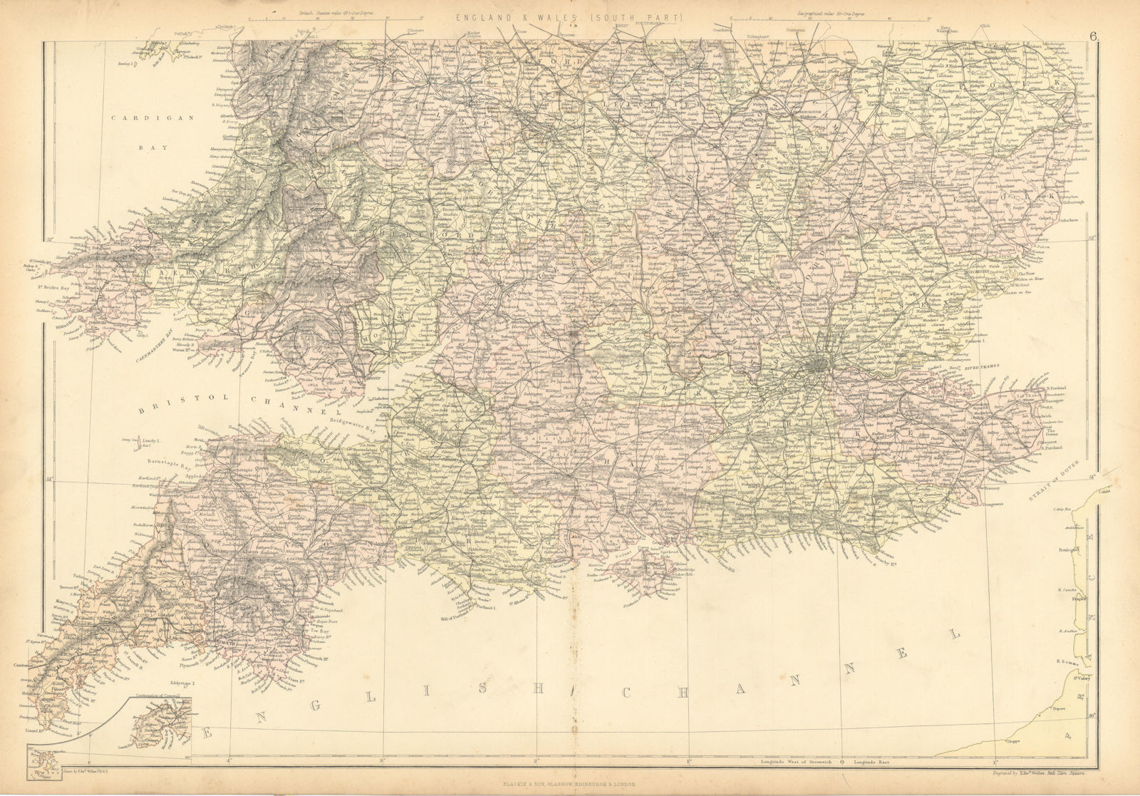 ENGLAND AND WALES SOUTH. Showing counties & railways. BLACKIE 1886 old map