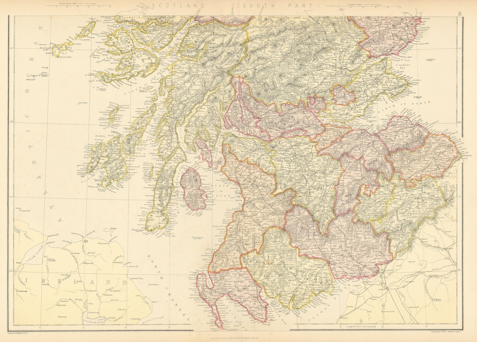 Associate Product SCOTLAND SOUTH. Showing counties & railways. BLACKIE 1886 old antique map