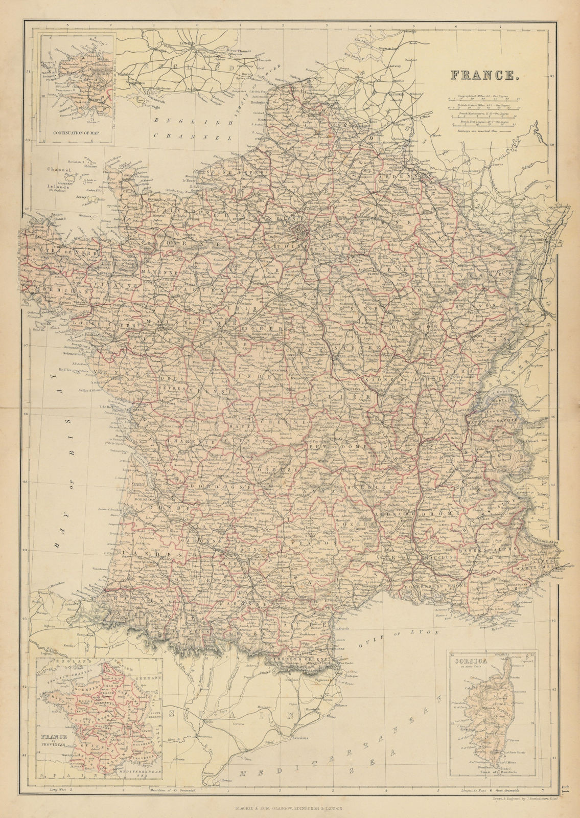 Associate Product FRANCE. Departements. Railways. Inset in Provinces. BLACKIE 1886 old map