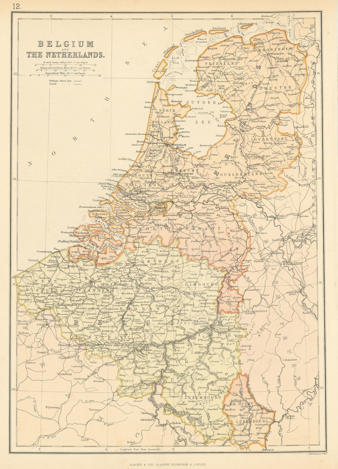 Associate Product BELGIUM & NETHERLANDS. Railways. canals. Scale in Belgian/Dutch miles 1886 map