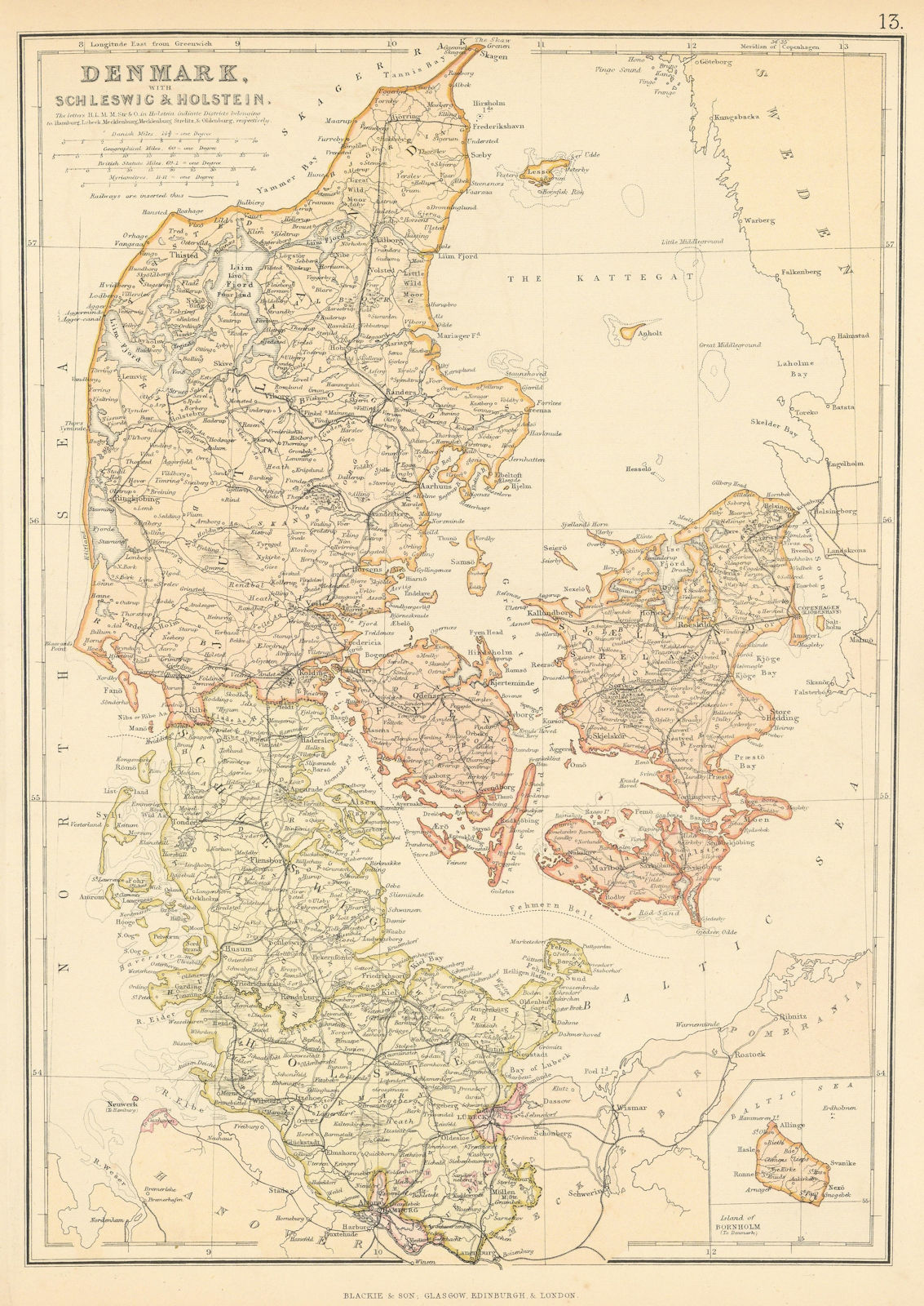 DENMARK SCHLESWIG & HOLSTEIN. Railways. Scale in Danish miles. BLACKIE 1886 map
