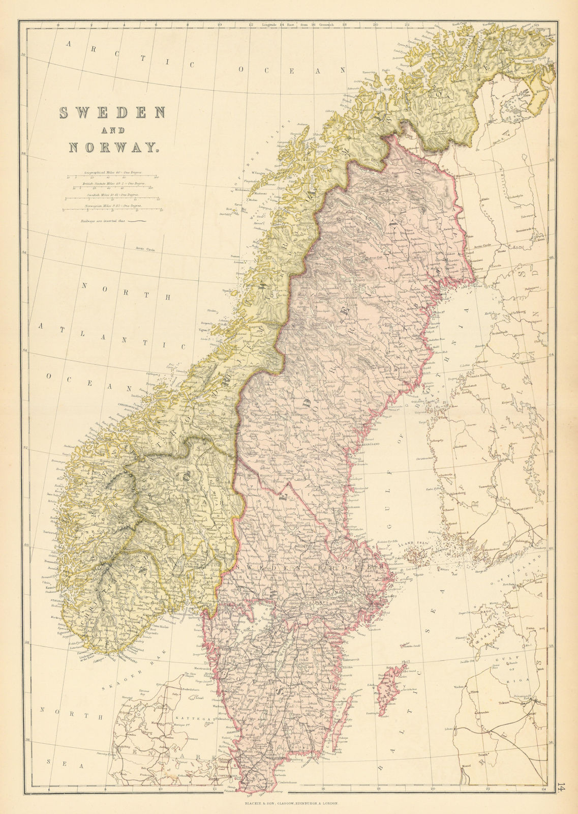 Associate Product SCANDINAVIA. Sweden Norway.Railways.Scale in Swedish & Norwegian miles 1886 map